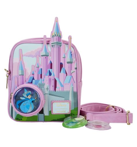 PRICES MAY VARY. 7.5" X 8.5" X 4" Faux leather Officially licensed Sound the trumpets throughout the land! Our Loungefly Disney Sleeping Beauty Stained Glass Castle Crossbody Bag is ready for a celebration. On the front, an applique castle rises up over the top, and flying overhead, you’ll spot Merryweather on a 3D circular-shaped pocket. Clear PVC material adds a magical touch. On the back, printed “stained-glass” art reveals the King and Queen as they present baby Aurora to the people. Circula Three Good Fairies, Sleeping Beauty 1959, Glass Castle, Classic Disney Movies, Sleeping Beauty Castle, Loungefly Bag, Disney Sleeping Beauty, Loungefly Disney, Star Wars Collection