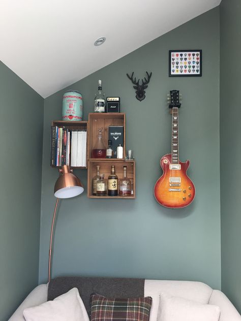 Mancave ideas, whisky, guitars, stag, Farrow and Ball Card Room Green Farrow And Ball Card Room Green Bedroom, Card Room Green Farrow And Ball Bedroom, Farrow And Ball Boys Bedroom, Card Room Green Bedroom, Farrow And Ball Dining Room, Card Room Green Farrow And Ball, Bar Accessories Ideas, Green Farrow And Ball, Farrow And Ball Bedroom