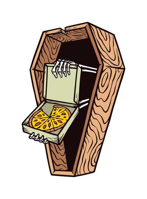 the corpse holding the pizza out of the coffin vector illustration Pizza Tattoo, Halloween Pizza, Pizza Art, Halloween Graphics, Flat Icons Set, Graffiti Characters, Roses Drawing, Tattoo Illustration, Spooky Designs