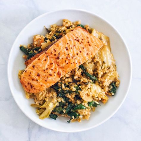 Chili Salmon, Kimchi Rice, Improve Your Gut Health, Food Flatlay, Cauliflower Fried, Cauliflower Dishes, Kimchi Fried Rice, Cauliflower Fried Rice, Fried Cauliflower