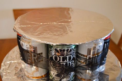 How To Make A Beer Can Cake Tower, How To Make Beer Cake Tower, Beer Bottle Birthday Cake, Birthday Beer Cake Ideas For Men, 30th Birthday Beer Cake, Diy Beer Cake With Cans, Beer Bottle Cakes For Men, Beer Can Cakes For Men Diy, Beer Tower Cake For Men