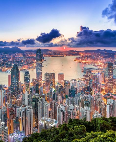 Hong Kong City View from Peak at Sunrise - The panoramic view of Hong Kong from the peak at sunrise. #HongKong #Sunrise Hong Kong City, Panoramic View, The Peak, City View, Hong Kong, Quick Saves