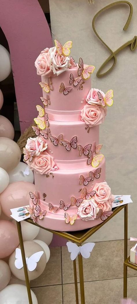 Pastel Colors Quinceanera Theme, Quinceanera Cakes Butterflies, Pink Butterfly Theme Quinceanera, Quince Decorations Pink Butterfly, Pink Enchanted Forest Theme, Quince Cake Ideas Pink, Quince Decorations Butterfly Theme, Butterfly Quince Cake, Xv Cakes Ideas