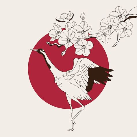 Free vector hand drawn japanese illustra... | Free Vector #Freepik #freevector #bird-flower #japanese-flower #crane-bird #japanese-tree Japanese Crane Drawing, Cryptid Ideas, Japanese Style Illustration, Cuadros Aesthetic, Crane Drawing, Flower Japanese, Japanese Bird, Japanese Tree, Japan Illustration