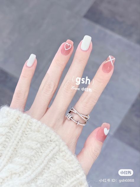 Nail Pink And White, Army Nails, Heart Nail Designs, Fake Nails Designs, Asian Nails, Hello Nails, Cute Simple Nails, Fancy Nails Designs, Beauty Nails Design