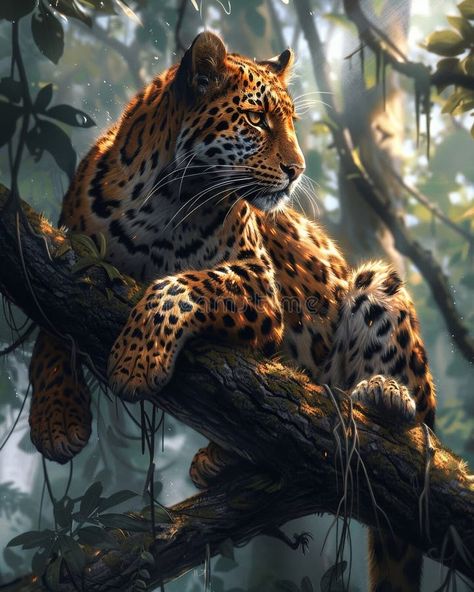 A majestic leopard lounging on a tree branch in a lush jungle, illuminated by dappled sunlight royalty free stock photos Jaguar Animal, Wild Animal Wallpaper, Regnul Animal, Tiger Pictures, Wild Animals Pictures, Jungle Cat, Big Cats Art, Mythical Animal, Hur Man Målar