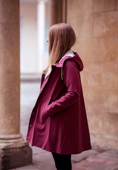 The Stutterheim Burgundy Raincoat Outfit | Raindrops of Sapphire Mosebacke Raincoat, Rain Jacket Outfit, Bossy Girl, Stutterheim Raincoat, Raincoat Outfit, Vinyl Raincoat, Red Windbreaker, Rainy Day Fashion, Raincoat Jacket