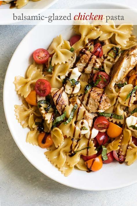 Balsamic Glazed Chicken with Caprese Pasta #chicken #pasta #tomatoes #mozzarella #basil #recipes #cooking #dinner #balsamic Recipes With Balsamic Glaze, Balsamic Chicken Pasta, Balsamic Pasta, Skinless Chicken Breast Recipes, Balsamic Glaze Recipes, Summer Pasta Dishes, Balsamic Glazed Chicken, Tomatoes Mozzarella, Flavorful Dinner