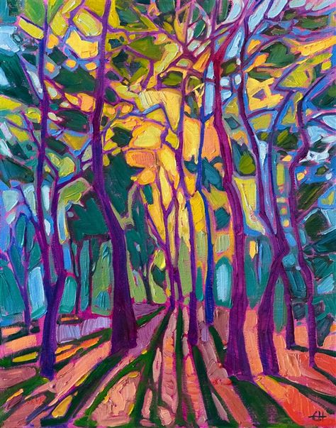 Crystal Pines, petite 11x14 oil painting for collecting contemporary impressionism paintings. Fauvism Art, Mache Art, Abstract Trees, Erin Hanson, Abstract Tree Painting, Contemporary Impressionism, Impressionism Painting, Abstract Tree, Art Organization