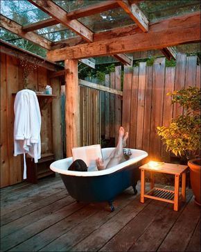 Outdoor Bathroom Design Ideas, Owner Builder, Outdoor Bathtub, Outdoor Bathroom Design, Outdoor Tub, Outdoor Baths, Rustic Bathroom Designs, Outdoor Bath, Outdoor Spa