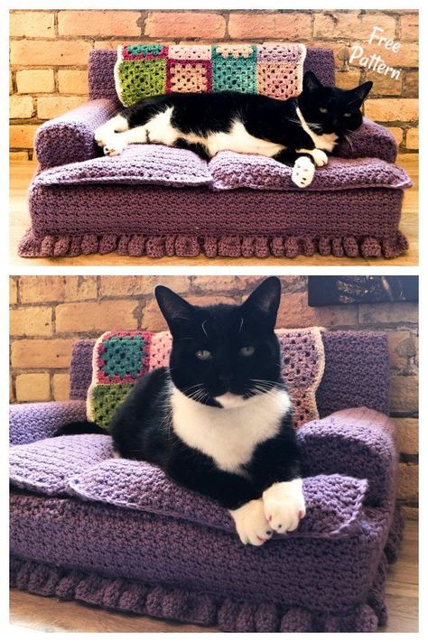 Kitty Cat Couch Free Crochet Pattern Kitty Couch, Diy Loom, Knitting Animals, Knit Quilt, Crochet Cat Bed, Cat Couch, Cat Patterns, Pet Projects, Pet Couches