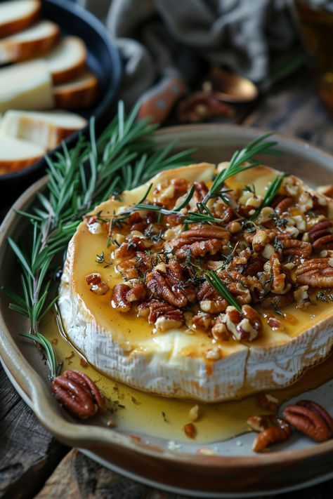 Baked brie topped with pecans and drizzled with honey, garnished with rosemary. Baked Brie And Caramelized Peach Toast, Baked Brie With Almonds And Honey, Oven Brie Cheese, Brie Oven Recipes, Fall Brie Cheese Recipes, Autumn Baked Brie, Baked Brie Board, Melted Brie Appetizer, Baked Brie In Ceramic Dish