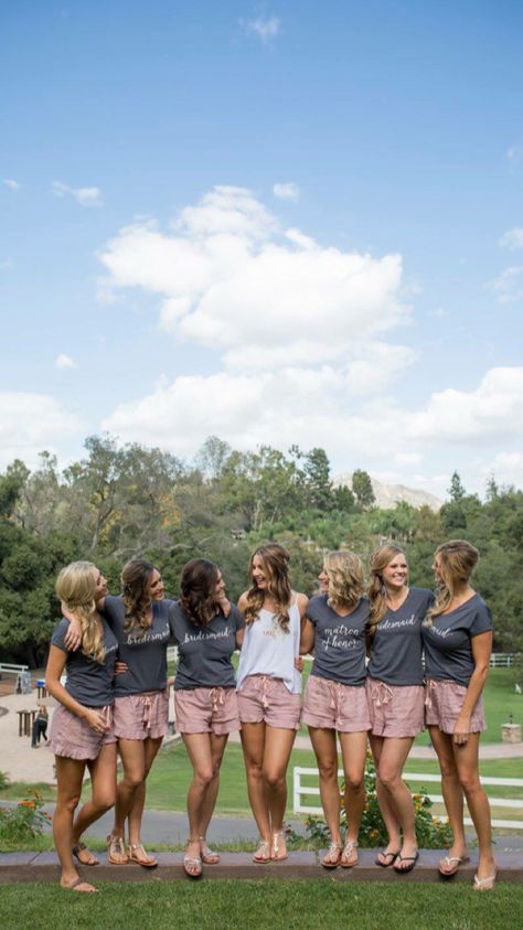 Bridesmaids getting ready outfits. Bridesmaid pj shorts. Comfort wedding San Diego Ca. Bridal Shower Bride Outfit, Brides Maid Shirts, Getting Ready Outfits, Bridesmaid Get Ready Outfit, Bridesmaids Getting Ready, Ready Outfits, Bridal Party Getting Ready, Bridesmaid Tshirts, Wedding San Diego