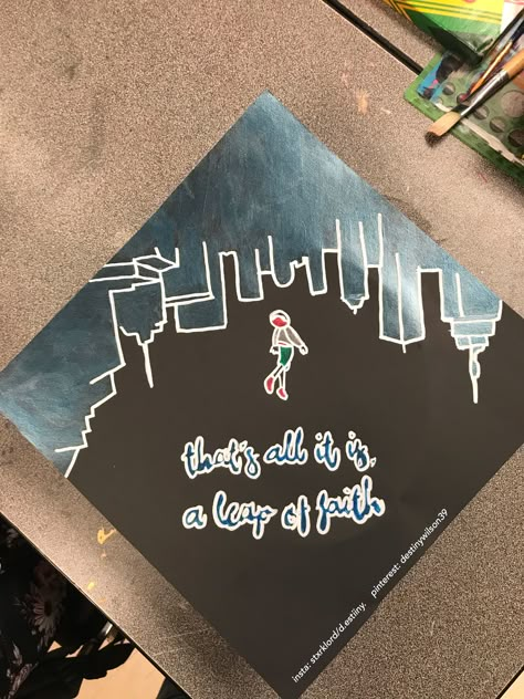 Inspired by one of the greatest scenes in movie history. Miles’ leap of faith from Into the Spider-Verse Graduation Caps Ideas For Guys, Spiderverse Graduation Cap, Miles Morales Grad Cap, Miles Morales Graduation Cap, Miles Leap Of Faith, Grad Cap High School, Senior Pep Rally, Spiderman Graduation Cap, Graduation Cap Designs For Guys