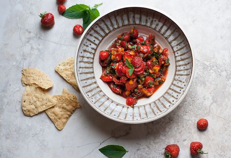 Wild Strawberry Mint Salsa Mint Salsa, Gluten Free Chips, Strawberry Salsa, Best Chips, Strawberry Mint, Wild Strawberry, Wild Strawberries, Salsa Recipe, Sweet Tarts