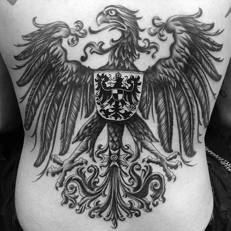 Shaded Black And Grey Ink Guys German Eagle Back Tattoos German Tattoo For Men, German Eagle Tattoo, Germanic Tattoos, Iron Cross Tattoo, Shotgun Tattoo, Eagle Back Tattoo, Eagle Tattoo Designs, Imperial Germany, Stammestattoo Designs