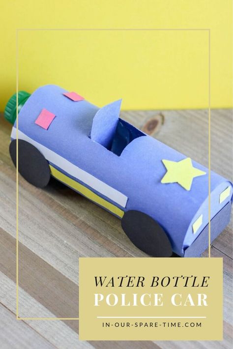 Water bottle police car craft preschoolers can make Race Car Crafts, Paper Car Craft, Race Car Craft, Car Crafts, Paw Patrol Movie, Remote Control Cars Toys, Construction Paper Crafts, Ladybug Crafts, Toilet Paper Crafts