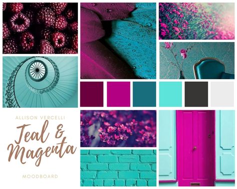 Allison's mood board - take 1 Hot Pink Teal Color Palette, Teal And Magenta Color Palette, Viva Magenta Mood Board, Color Mood Board Colour Palettes, Magenta Mood Board, Mood Board Colour Palettes, Kitchen Mood Board Colour Palettes, Teal Mood Board, Color Mood Board