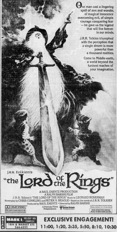 Ad for an animated version of "The Lord of the Rings," starring Christopher Guard, William Squire, and Michael Scholes, etc. From The Philadelphia Inquirer; Thursday, November 23rd, 1978, Section D Page 2. Lord Of The Rings 1978, Lord Of The Rings Poster, Ralph Bakshi, Conquering Fear, Movie Covers, Retro Ads, Alternative Movie Posters, Bleach (anime), The Lord Of The Rings