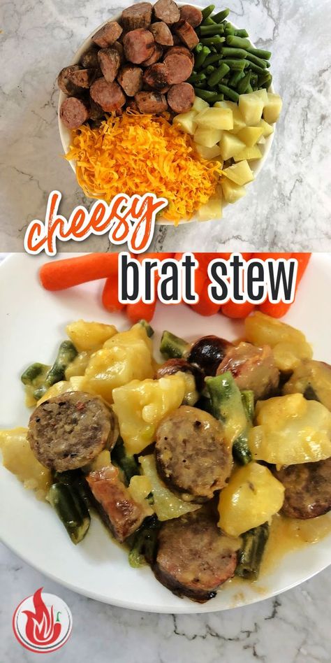 Grill up some extra brats, because you're gonna want to make this deliciously cheesy stew! Potatoes, bratwurst and green beans in a cheesy sauce - fabulous! Cheesy Brat Stew, Brat Crockpot Recipes, Brat And Potato Recipes, Bratwurst Potatoes Recipes, Deer Brats Recipes, Brats And Potatoes Recipes, Brat Meal Ideas, Bratwurst And Potatoes, Cheddar Bratwurst Recipes