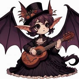 a cartoon faerie that is human sized with bat wings and ears in black regency era clothes with an instrument - Image Creator from Microsoft Designer Bat People Art, Bat Ears Drawing, Bat Girl Oc, Bat Wings Reference, Bat Humanoid, Human Bat Oc, Bat Character Design, Angle Oc, Celestial Outfit