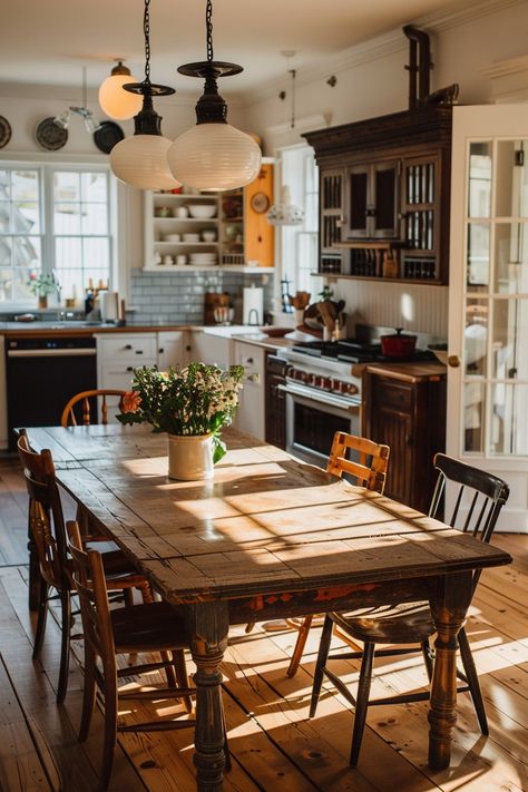 Transform Your Old Kitchen into a Farmhouse Oasis - Quiet Minimal Farmhouse Old Interior, Table In Small Kitchen Ideas, Minimal Country Home, Cozy Homestead Aesthetic, Kitchen With Dinner Table, Homestead Living Aesthetic, Old Homes Interior, Rustic Home Aesthetic, Grandmacore Decor