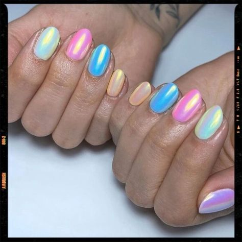 Multi Colored Nails Chrome, Pastel Rainbow Chrome Nails, Pastel Crome Nails, Rainbow Pearl Nails, Chrome Nails Different Colors, Multicolour Chrome Nails, Rainbow Nails Chrome, Unique Chrome Nails, Easter Chrome Nails