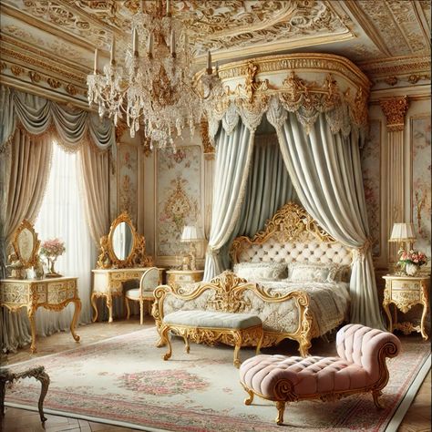 Experience the allure of a Rococo Revival bedroom, blending timeless elegance with romantic opulence. Featuring a grand canopy bed with intricate gold accents, pastel drapery, and vintage tufted furniture, this design captures the essence of 18th-century French luxury. Adorn your space with gilded mirrors, crystal chandeliers, and floral-patterned walls for a serene, regal ambiance. Perfect for lovers of luxury bedrooms, romantic interiors, and classic European design. Create your dream space with inspiration from ornate decor and sophisticated living aesthetics. ✨ #RococoRevival #LuxuryBedroom #FrenchDecor #ElegantLiving #RomanticInteriors #OrnateDesign #TimelessElegance #HomeAesthetics #OpulentStyle #InteriorInspiration Castle Bedroom Luxury, Royalty Bedroom, Palace Bedroom, Bedroom Timeless, Bedrooms Romantic, Baroque Bedroom, Ornate Decor, Luxury Bedroom Sets, Royal Room