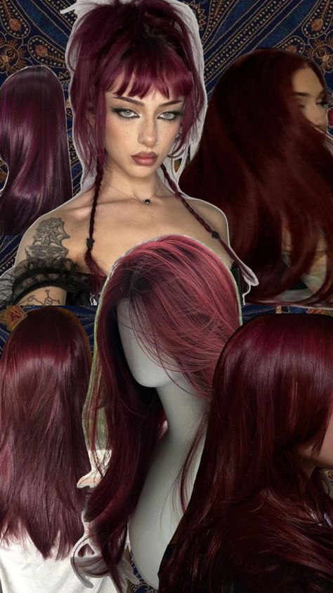 Baby Bangs Long Hair, Pelo Color Vino, Alt Hair, Red Hair Inspiration, Wine Hair, Cherry Hair, Hair Inspiration Long, Dark Red Hair, Dyed Hair Inspiration