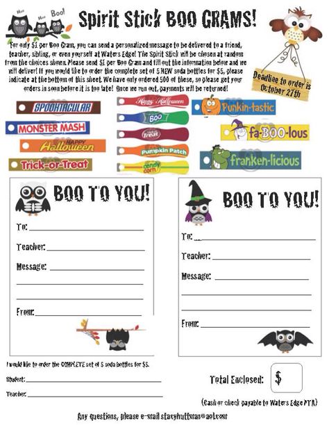 Spirit Stick BOO GRAMS!!! For only $1 per BOO GRAM, you can send a personalized message to be delivered to a friend, teacher, sibling, or even yourself!!! Boo Grams For School, Boo Grams Fundraiser Free Printable, Boo Grams Ideas For School, Halloween Candy Grams Fundraiser, Halloween Grams Ideas, Boo Grams Ideas, Boo Grams Fundraiser, Halloween Candy Grams, Halloween Grams