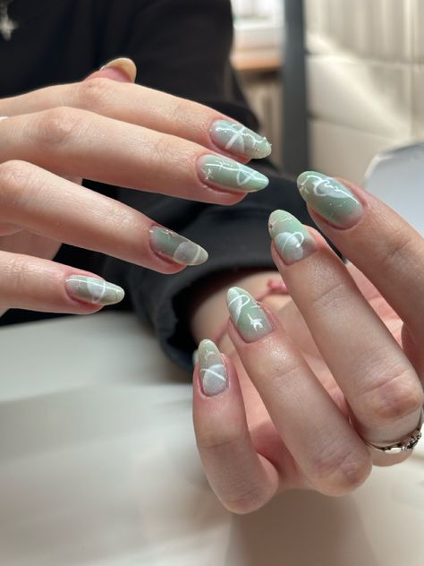 gel nails, sage green nails, rhinestones Green Nails With Rhinestones, Sage Green Almond Nails, Green Almond Nails, Sage Green Nails, Nails With Rhinestones, Rhinestone Nails, Green Nails, Almond Nails, Made By Me