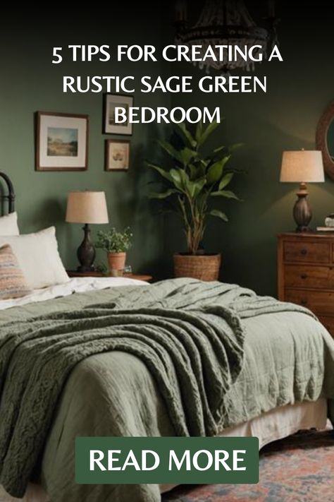 Rustic sage green bedroom with cozy bedding and plants, framed by artwork on the walls. Sage Comforter Bedroom Ideas, Green Bedding Master, Green And Brown Bedroom, Sage Green Bedroom Ideas, Olive Bedroom, Cozy Farmhouse Bedroom, Green Bedroom Walls, Calming Design, Green Bedroom Ideas