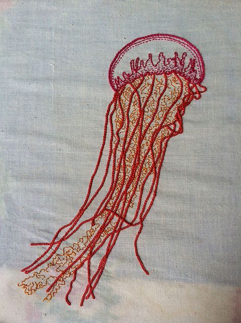 Jellyfish embroidery by SitchALynn Jellyfish Embroidery Design, Nudibranch Embroidery, Jellyfish Embroidery Pattern, Embroidered Jellyfish, Octopus Embroidery, Jellyfish Embroidery, Jellyfish Shirt, Jellyfish Illustration, Fish Embroidery