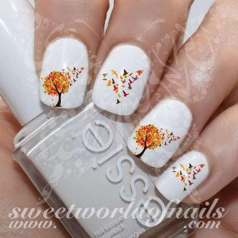 Autumn Nail Art Autumn Tree Falling Leaves and Flying Birds Nail Water Decals Water Slides 20 mix water decals in different sizes to fit all your nails! Use: 1- Scarecrows Nails, Autumn Nail Art, Gel Pedicure, French Pedicure, Nail Water Decals, Thanksgiving Nail Art, Autumn Nail, Autumn Tree, Flying Birds