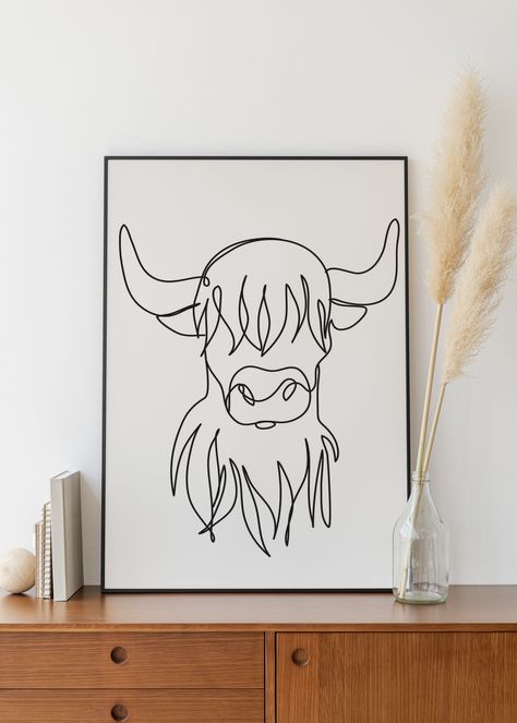 Lineart Ideas, Highland Cow Outline, Cow Outline, Cow Drawing Easy, Sketch Room, Highland Cow Tattoo, Cow Embroidery, Animal Line Drawings, Diy Canvas Art Easy