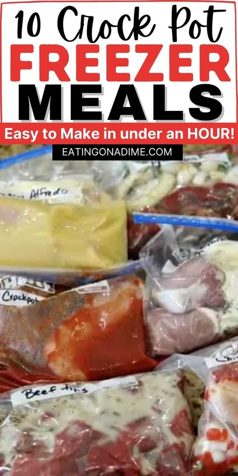 Have you been wanting to try freezer cooking? You can now make 10 crock pot freezer meals in just an hour! Plus, you will never have to menu plan again! Check out these SUPER EASY make ahead meals that will save you a ton of time, money and sanity in the kitchen! #eatingonadime #crockpotrecipes #freezermeals #freezercooking Freezer Crockpot Meals With Shopping List, Bag Freezer Meals Crock Pot, Freezer Meals Make Ahead Crock Pot Beef, Crock Pot Make Ahead Freezer Meals, Crockpot Prep Meals Crock Pot Freezer, Easy Freezer Meals Make Ahead Crock Pot, Crock Pot Freezer Meals Make Ahead, Freezer Meals Make Ahead Crock Pot, Make Ahead Crock Pot Meals