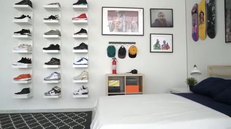 Trainer storage ideas | Sneaker storage ideas More Sneaker Storage Ideas, Hypebeast Room Ideas, Sneakerhead Bedroom, Sneaker Room, Skateboard Room, Hypebeast Decor, Sneakerhead Room, Sneaker Displays, Hypebeast Room