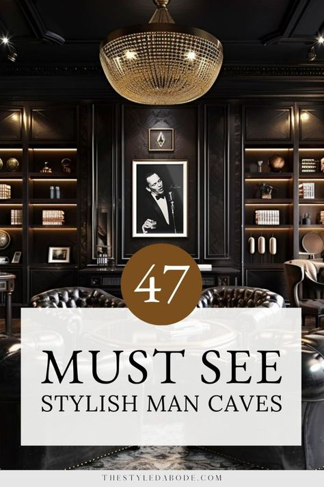 47 Stylish man cave ideas you'll want to copy for your own home. Whiskey room, poker lounge, high end theatre, retro game room, modern and moody, mid century, and more. Visit The Styled Abode for more interior inspiration, weekly finds and style guides. Entertainment Room Design Ideas, Sophisticated Gaming Room, Modern Rustic Man Cave, Whiskey Office Man Cave, Basement Mid Century Modern, Moody Sitting Area, Home Speakeasy Bar Modern, Man Cave With Fireplace, Mid Century Man Cave