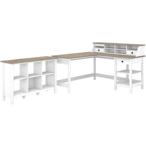 Shop Staples for Bush Furniture Mayfield 60" L-Shaped Computer Desk with Desktop Organizer and 6-Cube Bookcase, Pure White/Gray (MAY013GW2) and enjoy fast and free shipping on qualifying orders. Horizontal Bookcase, L Shaped Computer Desk, Office Desk Set, Modern Farmhouse Furniture, Cube Bookcase, White Shiplap, Desktop Organizer, Bush Furniture, L Shaped Desk