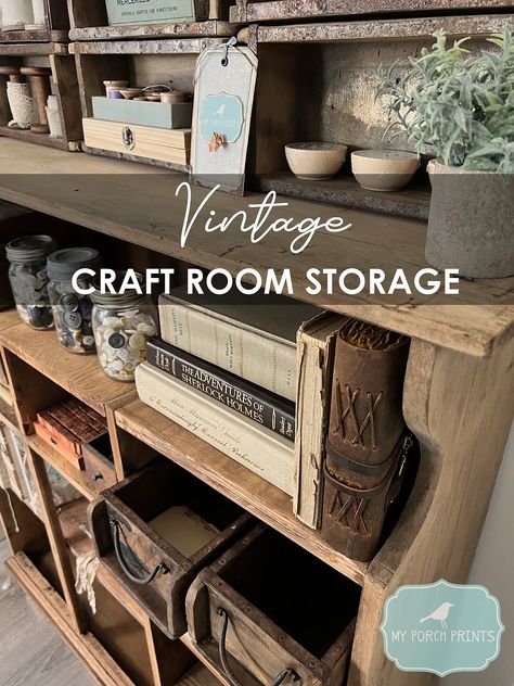 Hobby Room Storage, Craft Room Work Stations, Rustic Craft Room Farmhouse Style, Workshop Craft Room, Antique Storage Ideas, Art Supply Storage Ideas Diy, Farmhouse Sewing Room Ideas, Craft Room Vintage Style, Vintage Art Studio Ideas