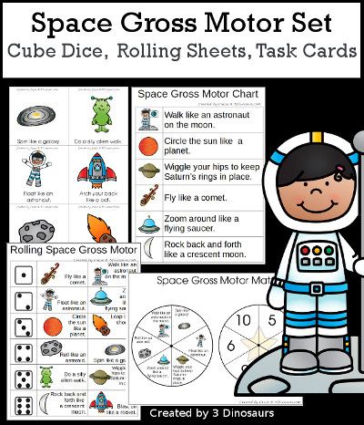 3 Dinosaurs - Space Themed Gross Motor Dice Outer Space Gross Motor Preschool, Yoga Activities, Space Week, Space Preschool, Gross Motor Activity, 3 Dinosaurs, Space Camp, Outer Space Theme, Space Activities