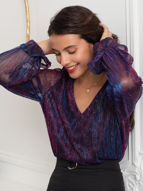 SHEIN Frenchy Flounce Sleeve Glitter Top Glitter Tops Outfit, Purple Top Outfit, Deep Winter Colors, Long Sleeve Loose Blouse, Purple Party, Glitter Top, Color Block Top, Purple Top, Flounce Sleeve