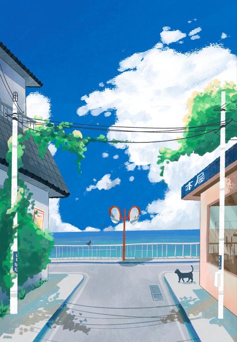 Summer Anime Aesthetic, Summer Season Drawing, Train Cartoon, Orange Splash, Summer Japan, Summer In Japan, Our Beloved Summer, Street Background, Japanese Town