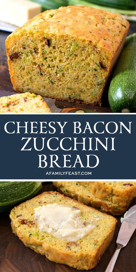 This Cheesy Bacon Zucchini Bread is moist and delicious! Cheddar and provolone cheeses, green onion, and bacon infuse this summertime quick bread with wonderful flavor! The Best Zucchini Bread, Bacon Zucchini, Feast Recipes, Best Zucchini Bread, Best Zucchini, Zucchini Recipe, Savory Bread, Zucchini Bread Recipes, Cheesy Bacon