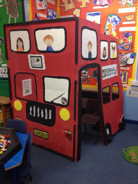 Double decker bus role play Bus Crafts, British Values, Reception Class, Role Play Areas, London Theme, Play Corner, Transportation Crafts, Dramatic Play Preschool, Great Fire Of London