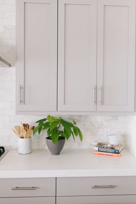 Because I truly believe barn doors and gray kitchens and patterned tile are things of beauty; especially when they're all sitting pretty in the same home and because I already have a dozen or so pins stockpiled from this tour; I Caesarstone Organic White, Light Grey Kitchens, Light Gray Cabinets, Mindful Gray, White Counters, All White Kitchen, Kitchen Cabinets Makeover, Grey Kitchen Cabinets, Kitchen Cabinet Colors