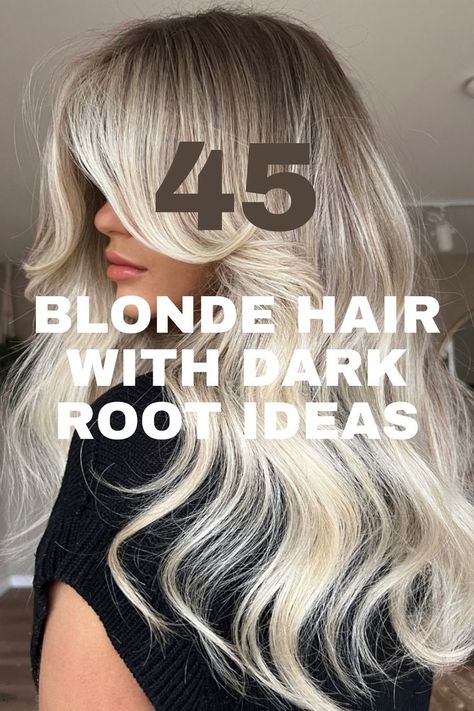 A long, wavy blonde hairstyle with dark roots, creating a stylish contrast and voluminous look. No Root Blonde Hair, Dark Brown Root Blonde Balayage, Silver Blonde Dark Roots, Blonde With Darker Underneath, Ash Blonde With Root Smudge, Root Tap Blonde Before And After, Root Touch Up Blonde Highlights, Darker Roots Blonde Hair, Blonde Hair With Root Shadow