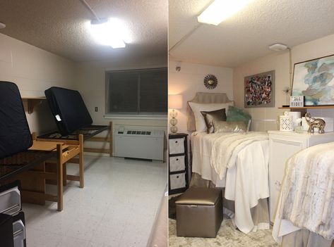 Amazing dorm room makeovers in 2017 — see the before-and-after photos Decorated Dorm Rooms, Before And After Decorating, Living Room Decor Turquoise, Room Decor Turquoise, Dorm Makeover, College Rooms, Bedroom Makeover Before And After, Dorm Things, Decoration On A Budget