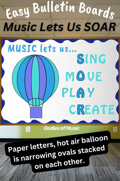 Quick And Easy Bulletin Board Ideas For Teachers - Oodles of Music .  These inspirational boards for music with sing, move, play, and create spelling out SOAR, can be in so many fun color schemes. Here you see pastels. The hot air balloon is narrowing ovals stacked on top of one another. When you make them yourself, you can fit to any size display area.  Quick And Easy Bulletin Board Ideas For Teachers - Oodles of Music Preschool Music Bulletin Board Ideas, Music And Movement Bulletin Board, Music Bulletin Boards Elementary, Music School Bulletin Boards, Art And Music Bulletin Board, Music Class Bulletin Boards, Music Classroom Bulletin Boards Cute Ideas, Music Bulletin Boards Middle, Journey Music