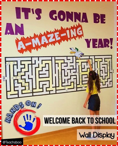 Welcome Back! A-Maze-ing Wall Display Welcome Back To School Window Display, Maze Bulletin Board Ideas, School Display Case Ideas, Welcome Back To School Board, Game Bulletin Board, Interactive Display Boards, Game Classroom Theme, Back To School Window Display, Stem Bulletin Boards